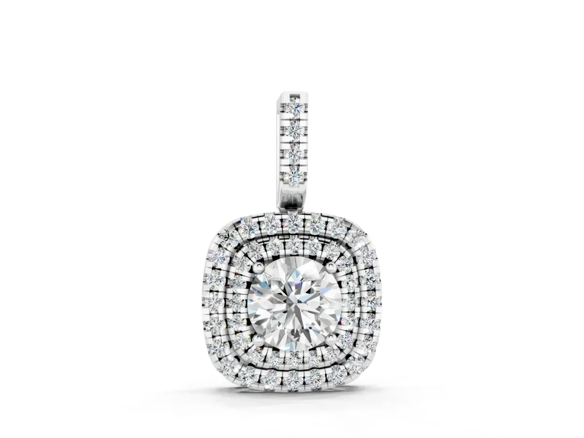 Round Diamond Double Halo Pendant Set in White gold with Pavé Rings and Prong-Set Center