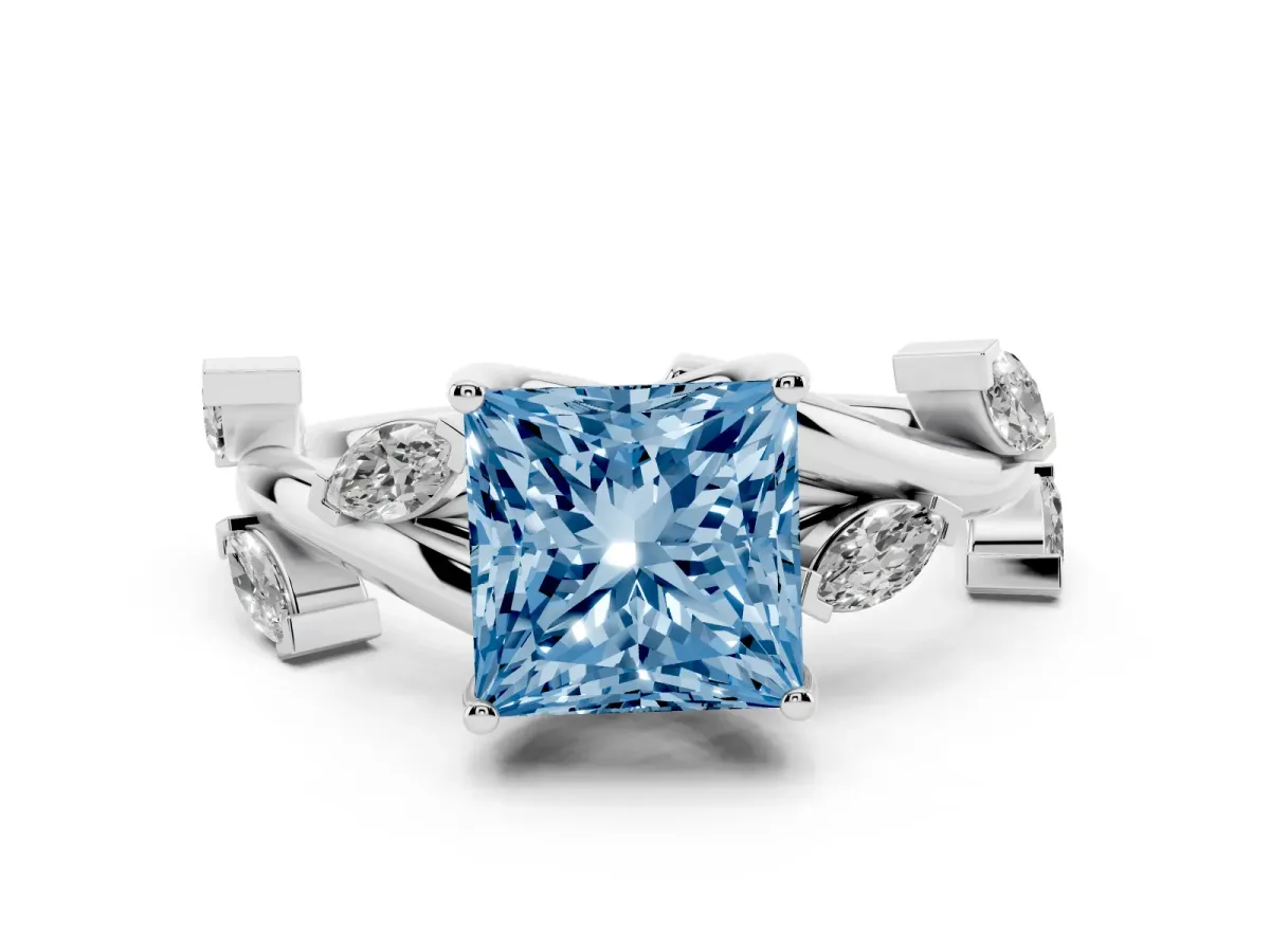 Fancy Blue Princess Cut Diamond Solitaire Ring Set in Platinum with Twisted Marquise Accent Band