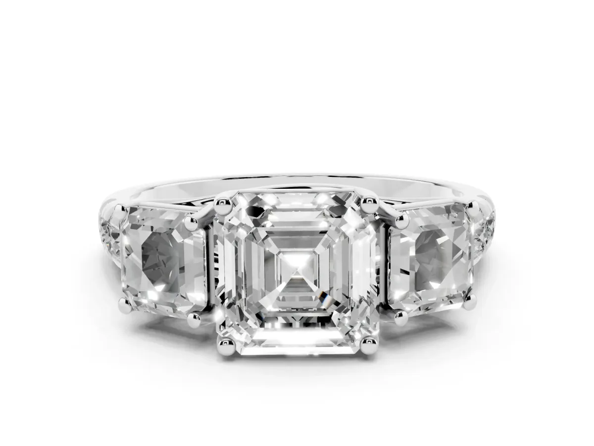 Asscher Cut Diamond Three-Stone Ring Set in Platinum with Pavé Band