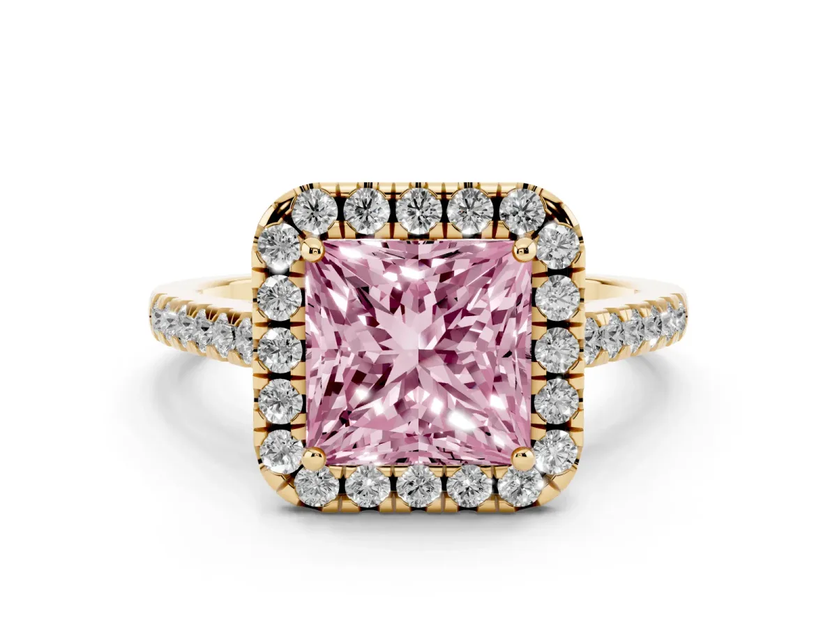 Fancy Pink Princess Cut Diamond Pavé Halo Engagement Ring Set in Yellow gold with Pavé Band and Prong Setting