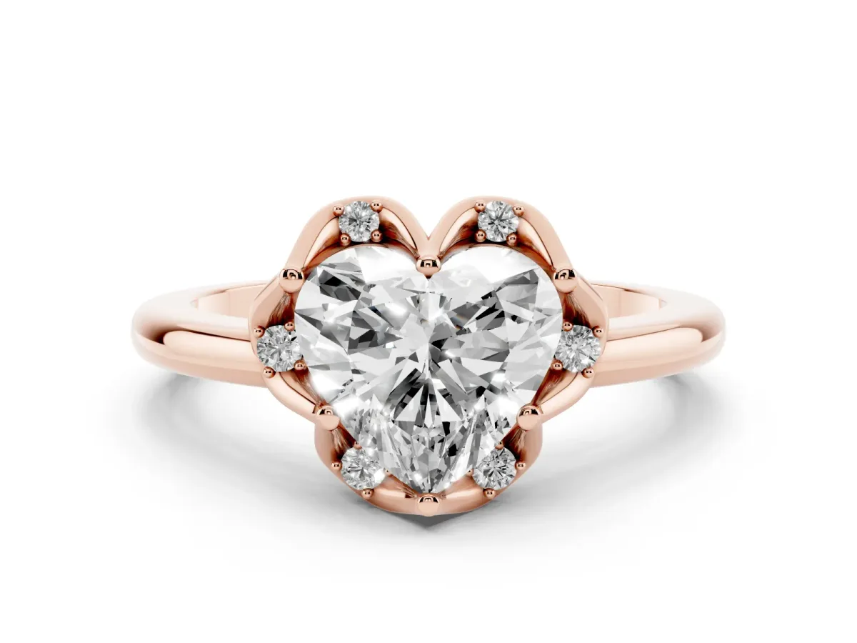 Heart Cut Diamond Round Cluster Halo Ring Set in Rose gold with Solitaire Band and Prong Setting