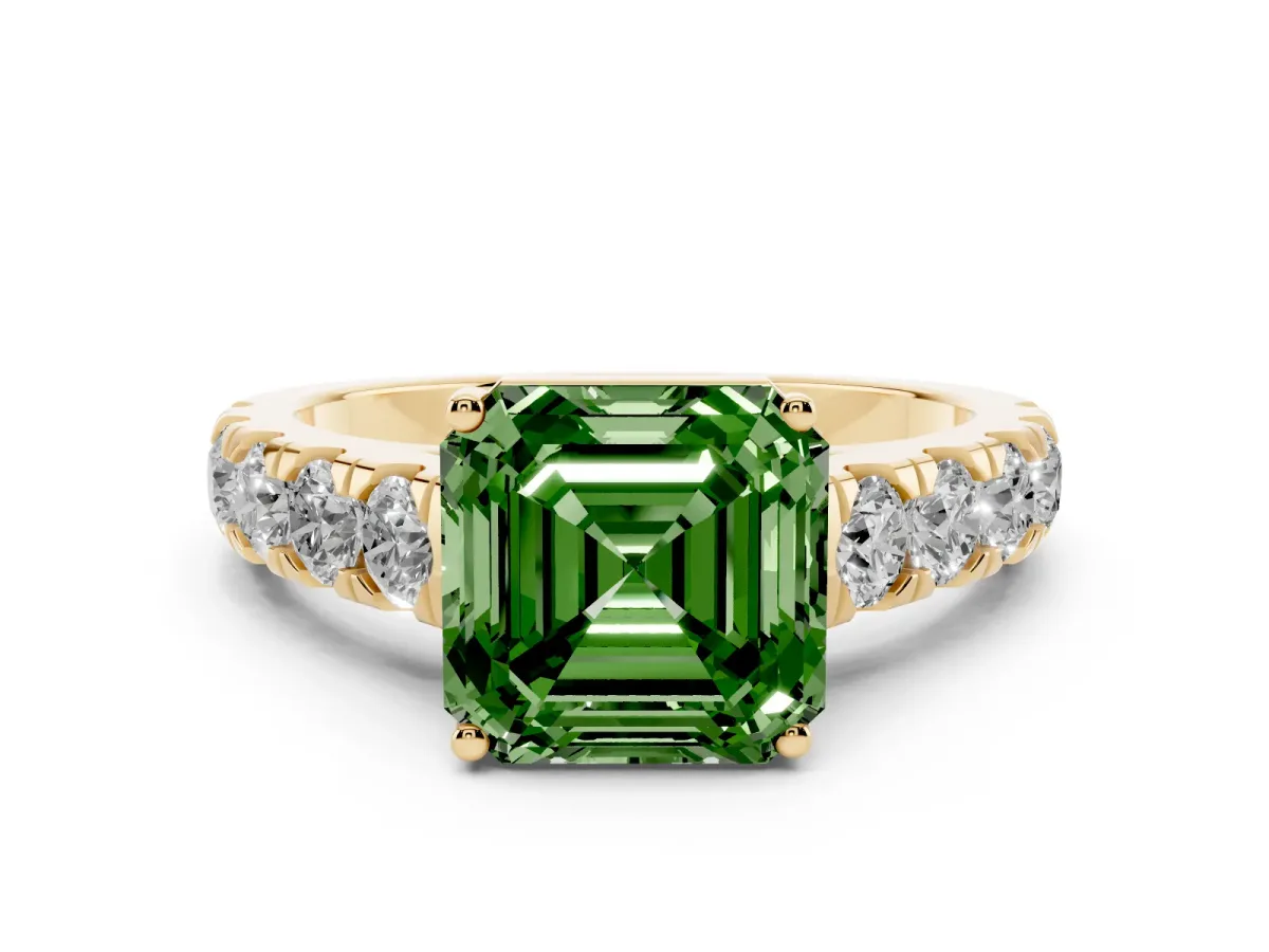 Fancy Green Asscher Cut Diamond Solitaire Ring Set in Yellow gold with Cut-Down Micro Pavé Band and Prong Setting