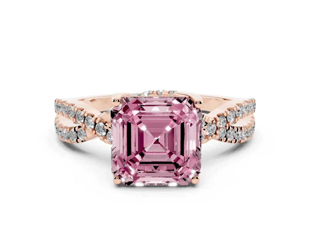 Fancy Pink Asscher Cut Diamond Twist Pavé Solitaire Engagement Ring Set in Rose gold with Prong Setting