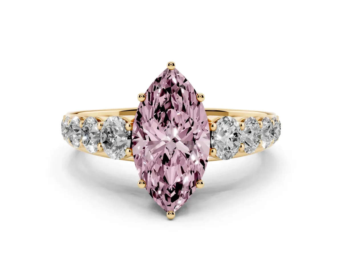 Fancy Pink Marquise Cut Diamond Solitaire Ring Set in Yellow gold with Pavé-Set Band and Prong Setting
