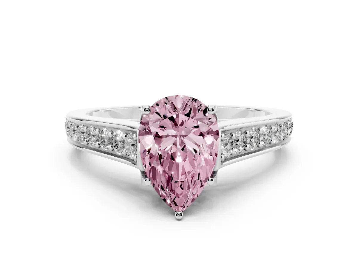 Fancy Pink Pear Cut Diamond Solitaire Pavé Engagement Ring Set in White gold with Prong Setting