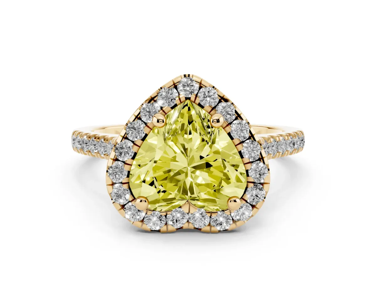 Fancy Yellow Heart Cut Diamond Cushion Halo Ring Set in Yellow gold with Pavé Band