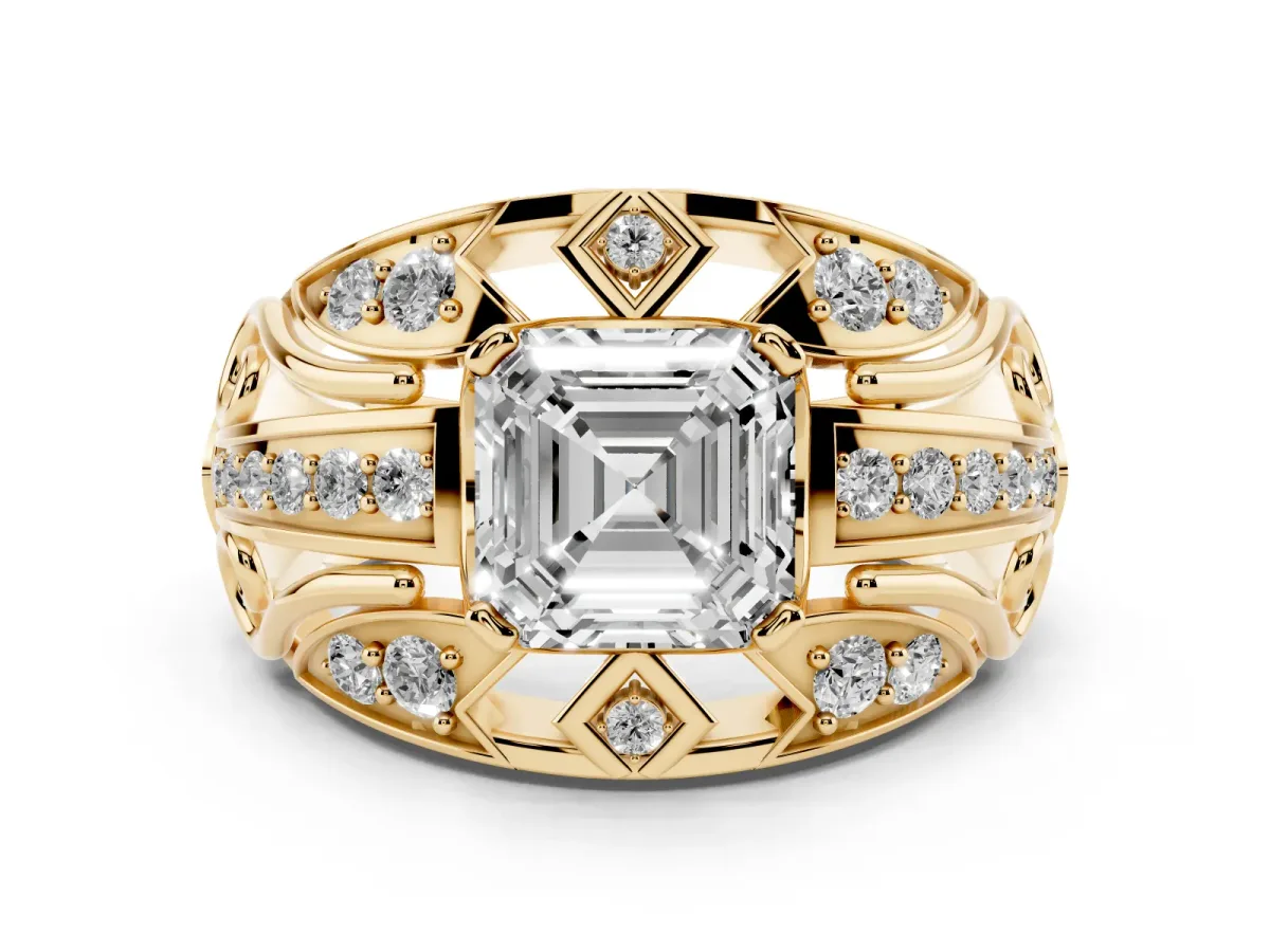 Asscher Cut Diamond Art Deco Ring Set in Yellow gold with Pavé Split Shank