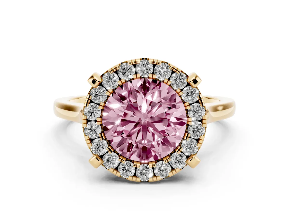 Fancy Pink Round Cut Diamond Cluster Halo Solitaire Ring Set in Yellow gold with Prong Setting
