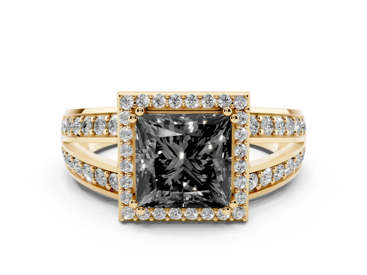 Fancy Black Princess Cut Diamond Halo Ring Set in Yellow gold with Double Pavé Split Shank
