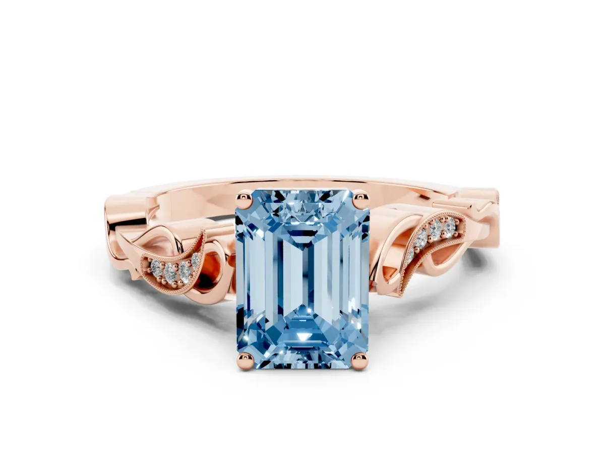Fancy Blue Emerald Cut Diamond Vine Band Solitaire Ring Set in Rose gold with Milgrain Prong Setting
