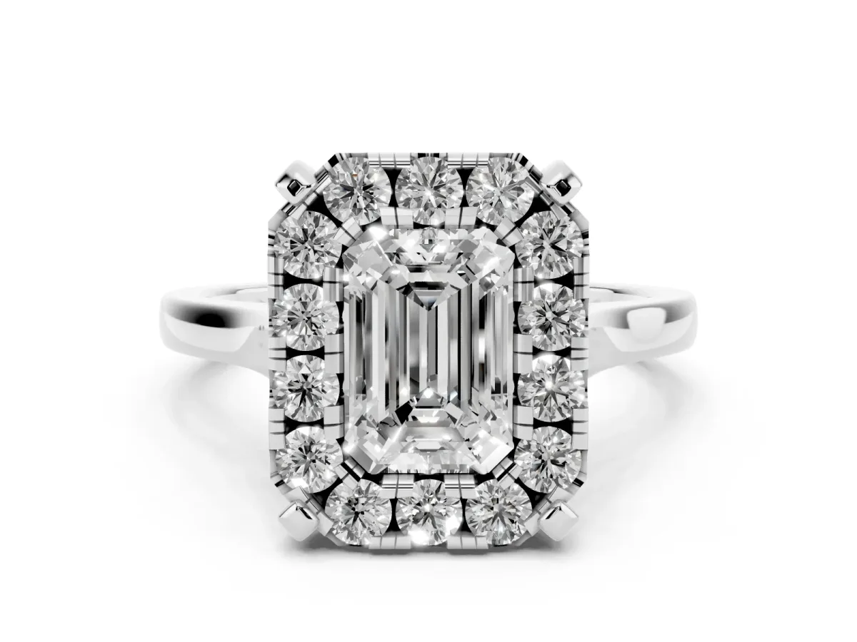 Emerald Cut Diamond Cluster Halo Solitaire Ring Set in Platinum with Prong Setting