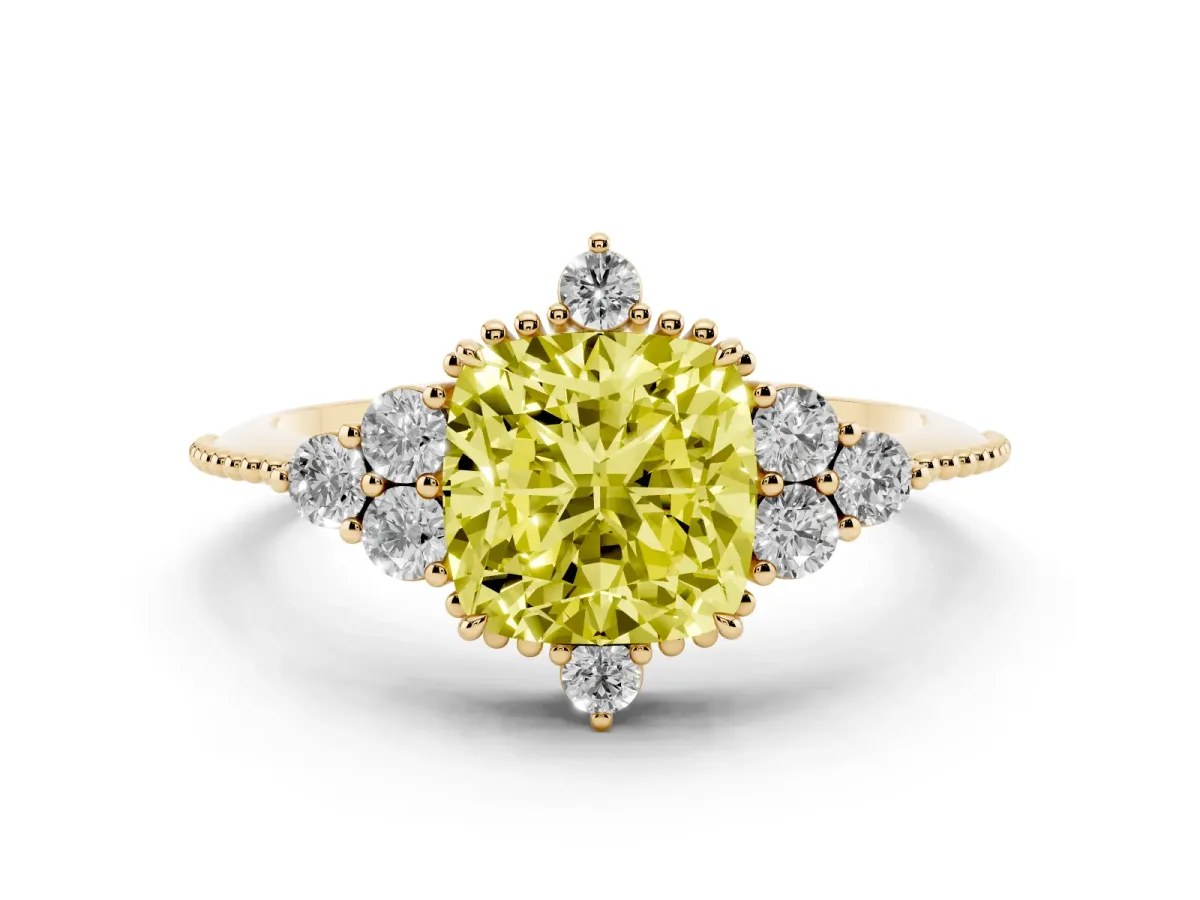 Fancy Yellow Cushion Cut Diamond Cluster Ring Set in Yellow gold with Beaded Band