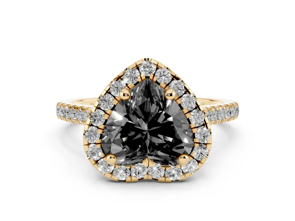 Fancy Black Heart Cut Diamond Cushion Halo Ring Set in Yellow gold with Pavé Band