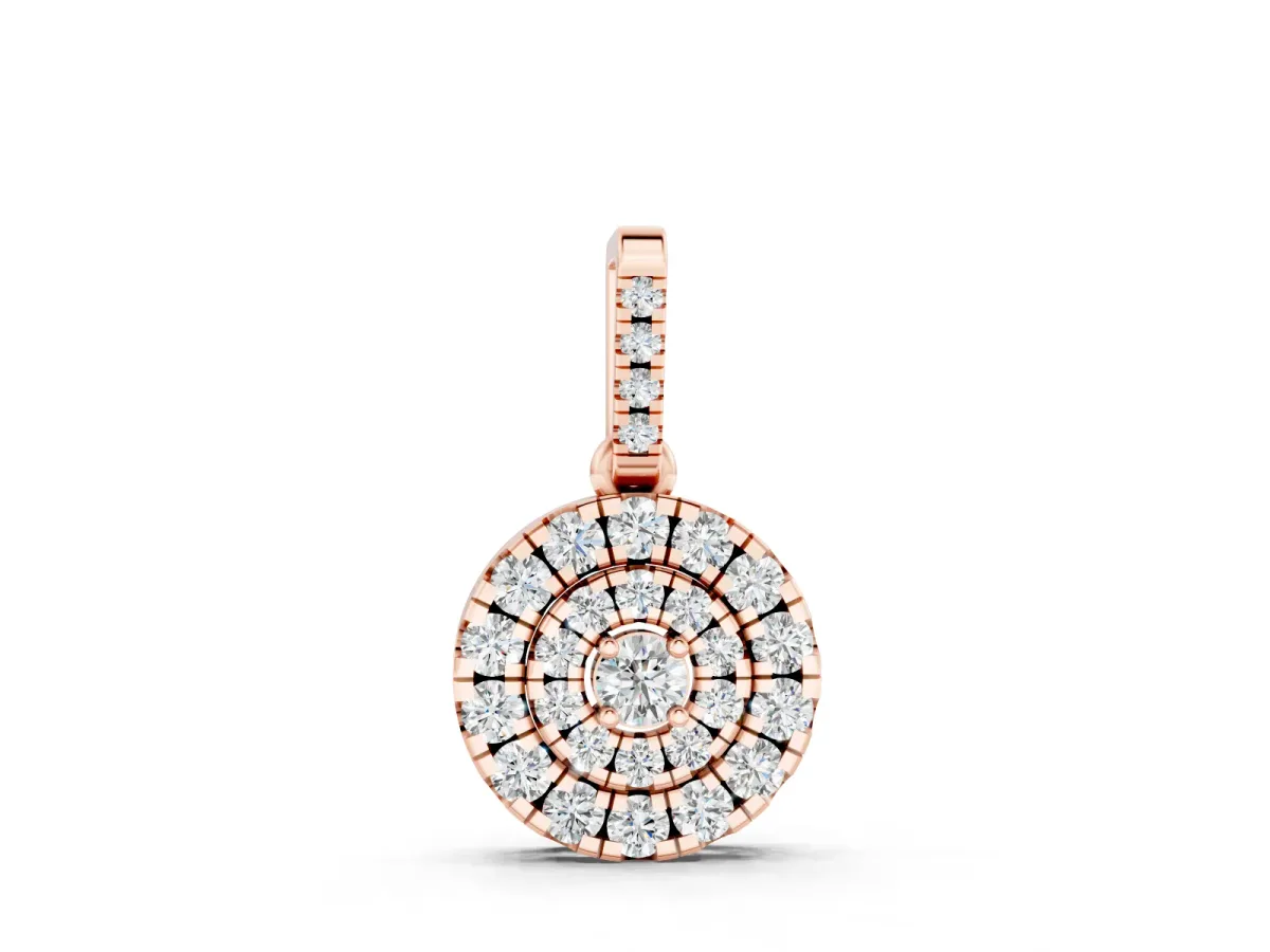 Round Diamond Double Halo Pendant Set in Rose gold with Allover Pavé