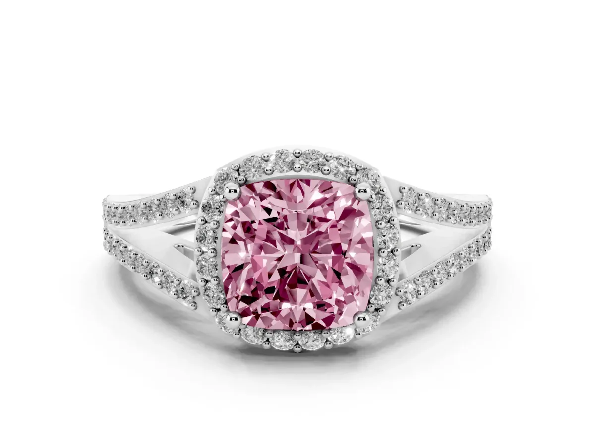 Fancy Pink Cushion Cut Diamond Halo Split Shank Pavé Ring Set in White gold with Prong Setting