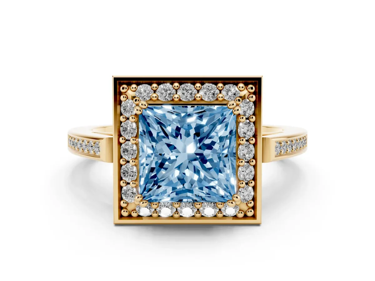 Fancy Blue Princess Cut Diamond Halo Ring Set in Yellow gold with Accent-Lined Split Shank and Prong Setting