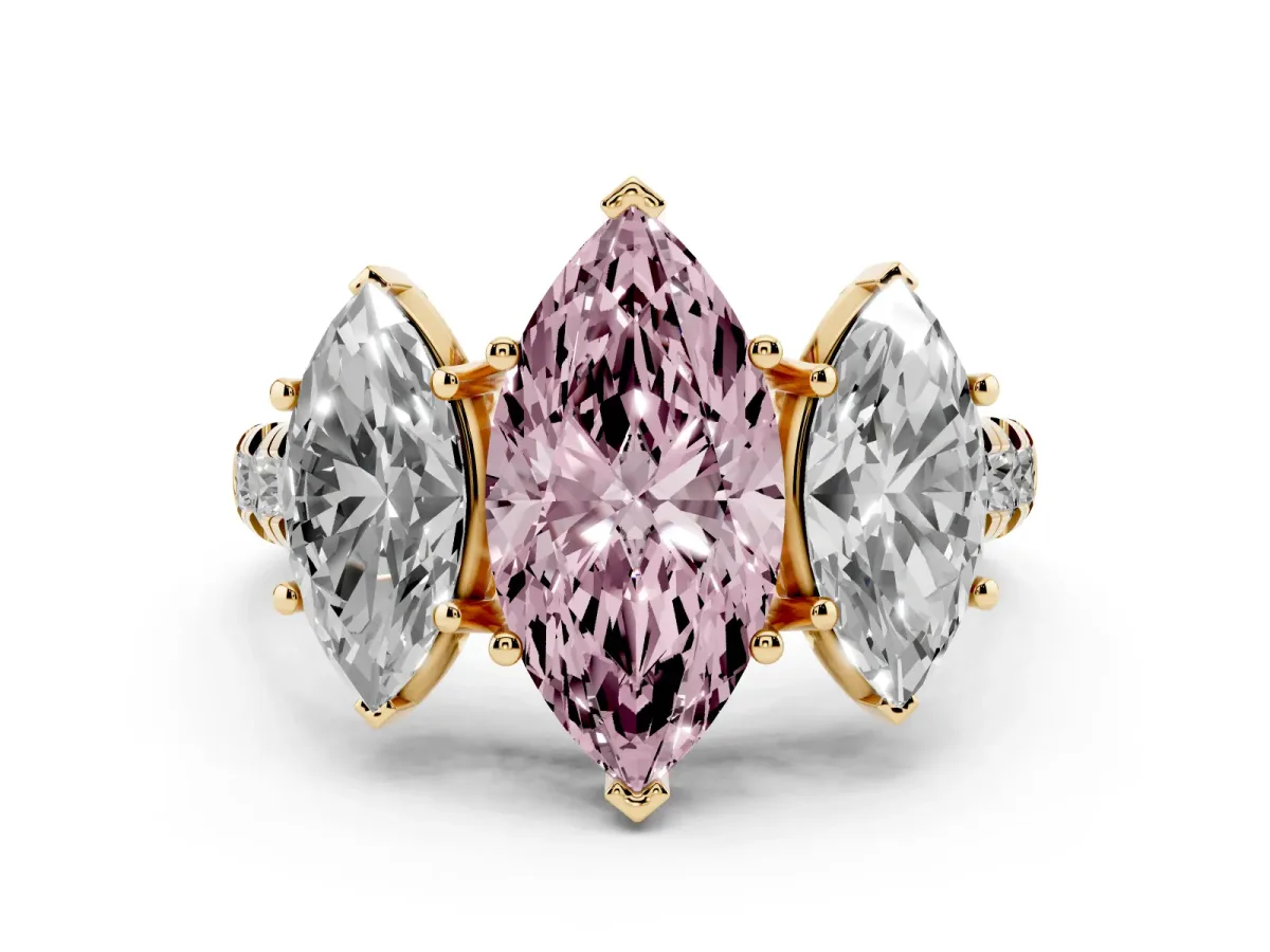 Fancy Pink Marquise Cut Diamond Three-Stone Ring Set in Yellow gold with Pavé Band