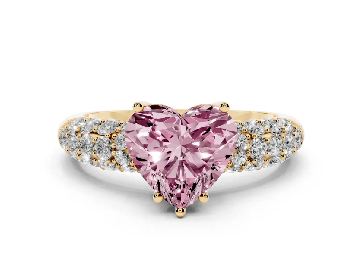 Fancy Pink Heart Cut Diamond Pavé Band Solitaire Ring Set in Yellow gold with Close-Set Accent Stones and Prong Setting
