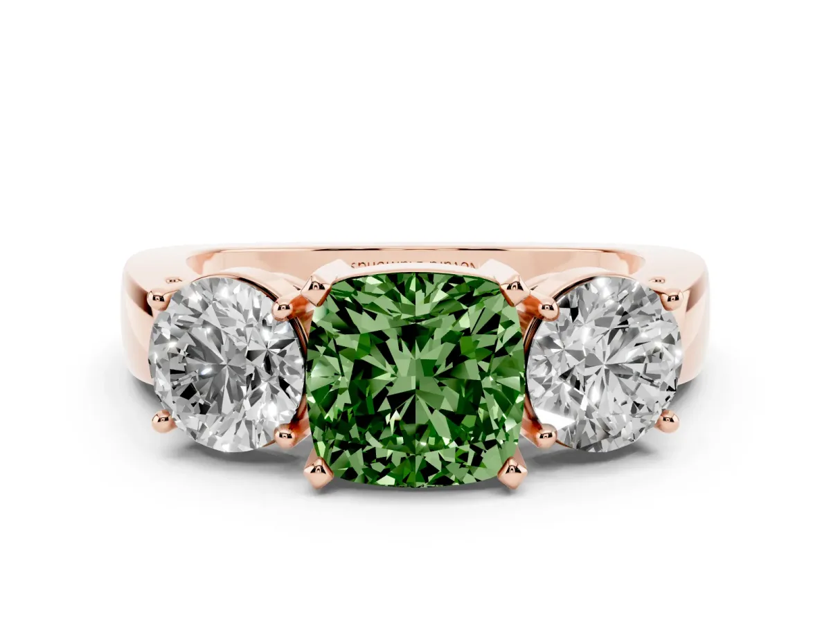Fancy Green Cushion Cut Diamond Three-Stone Ring Set in Rose gold with Round Side Stones and Classic Band