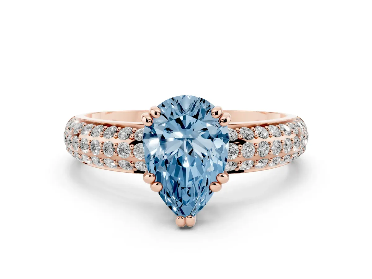 Fancy Blue Pear Cut Diamond Solitaire Ring Set in Rose gold with Multi-Row Round Pavé Band and Prong Setting