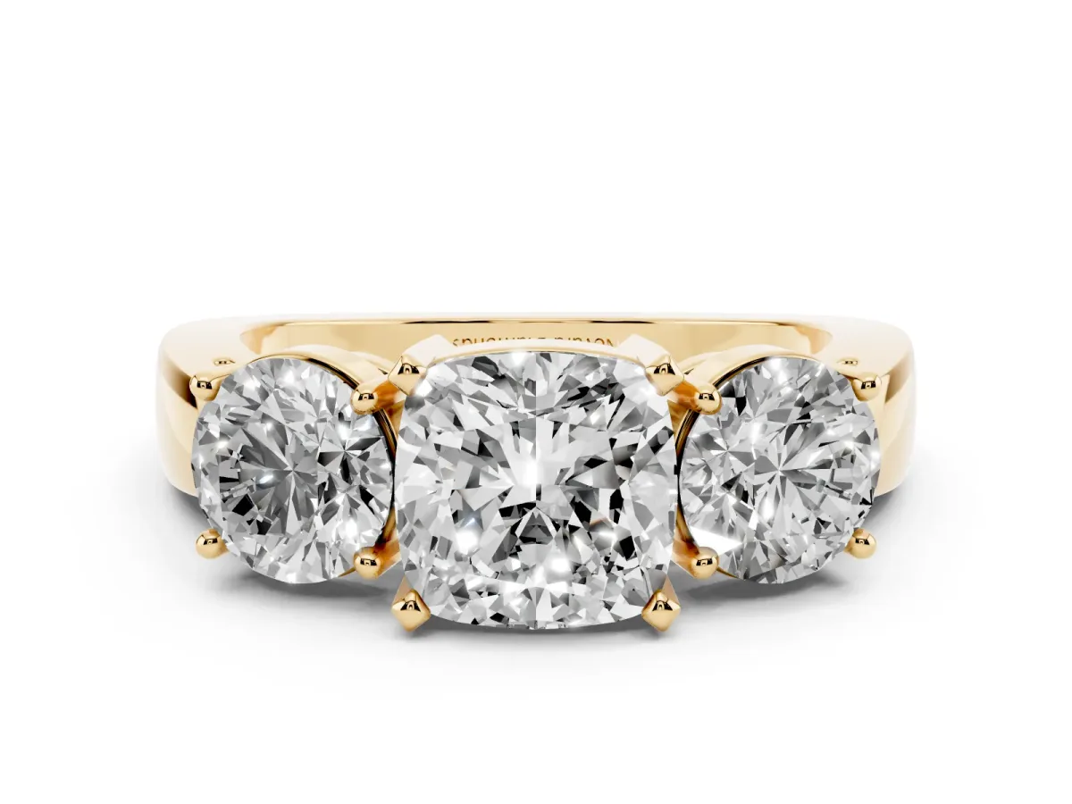 Cushion Cut Diamond Three-Stone Ring Set in Yellow gold with Round Side Stones and Classic Band