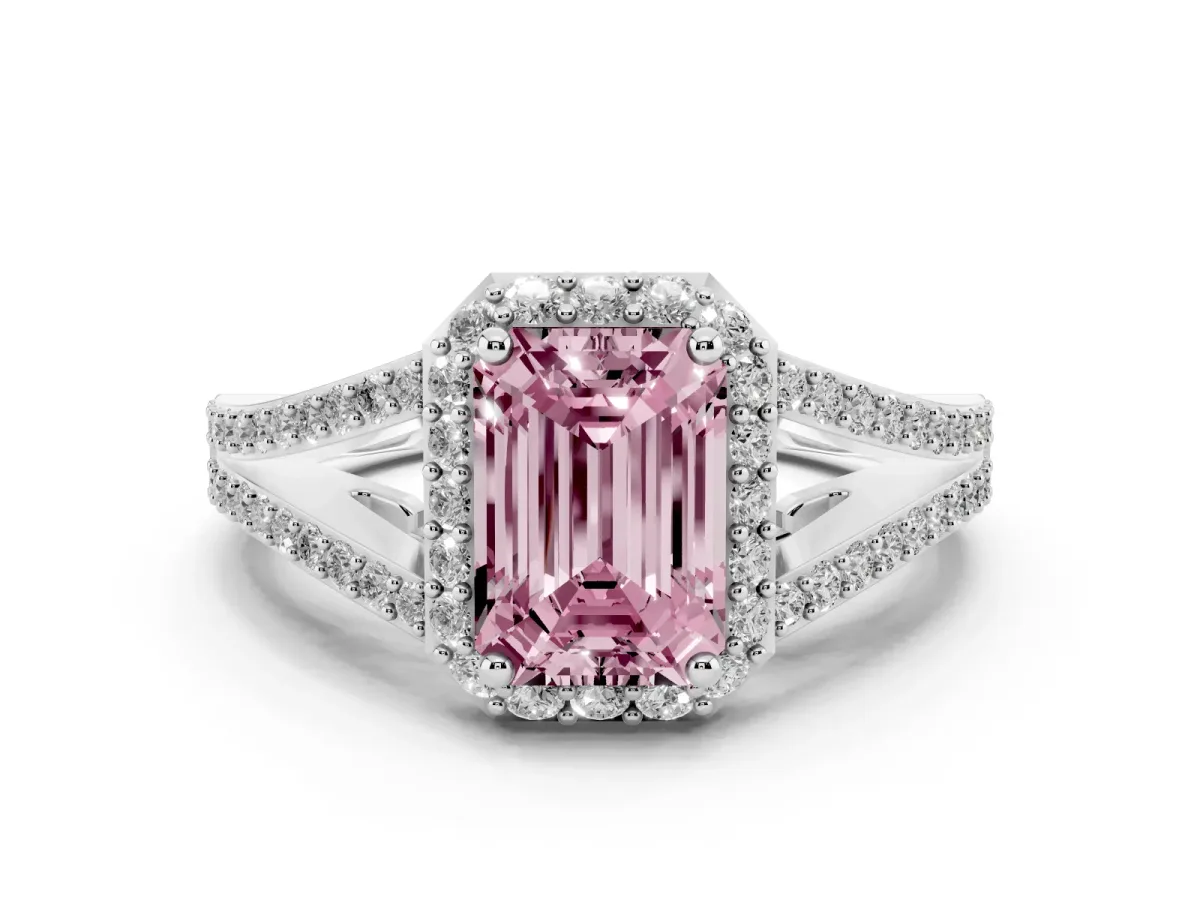 Fancy Pink Emerald Cut Diamond Halo Split Shank Pavé Ring Set in Silver with Prong Setting