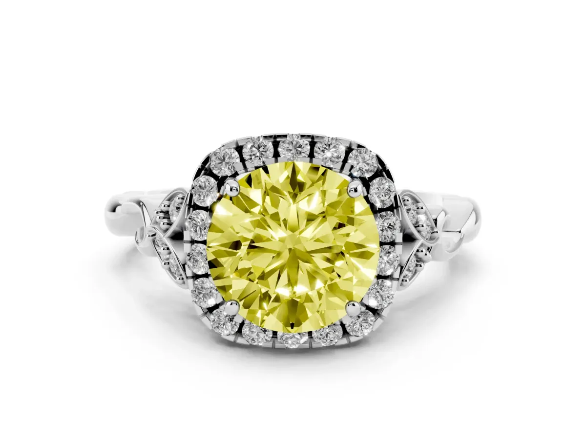 Fancy Yellow Round Cut Diamond Halo Engagement Ring Set in White gold with Vintage-Inspired Band and Prong Setting