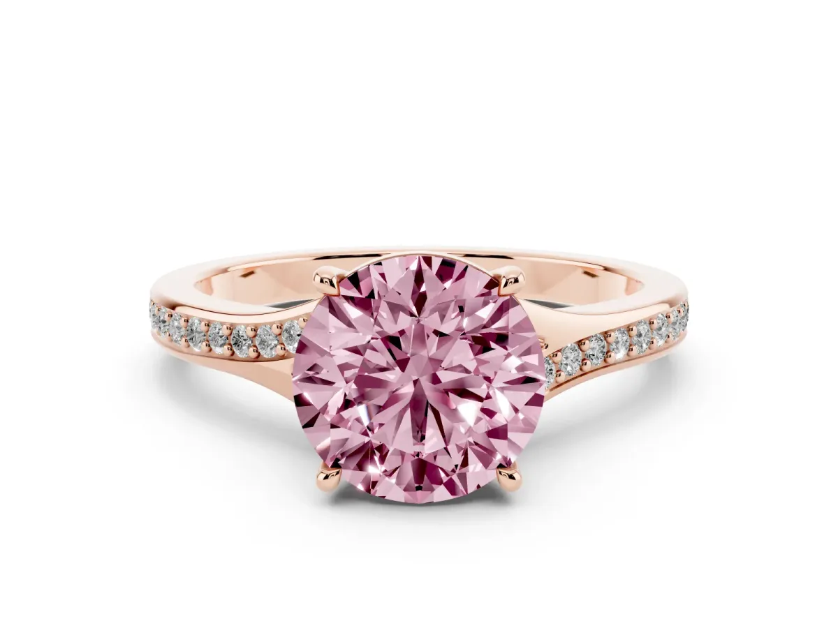 Fancy Pink Round Cut Diamond Solitaire Ring Set in Rose gold with Pavé Accent Band and Classic Prong Setting