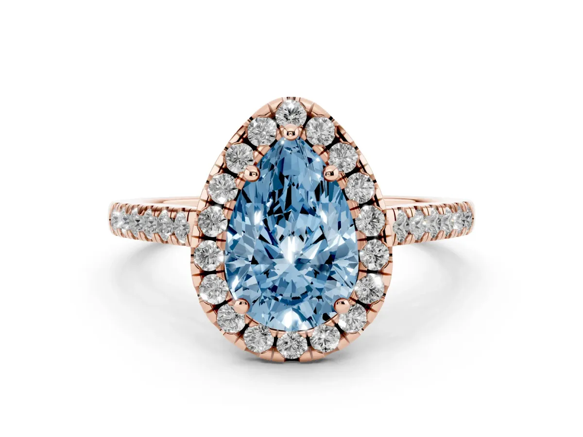 Fancy Blue Pear Cut Diamond Pavé Halo Engagement Ring Set in Rose gold with Pavé Band and Prong Setting