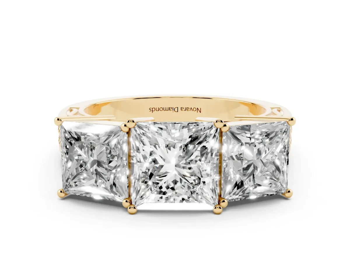 Princess Cut Diamond Three-Stone Ring Set in Yellow gold with Textured Band