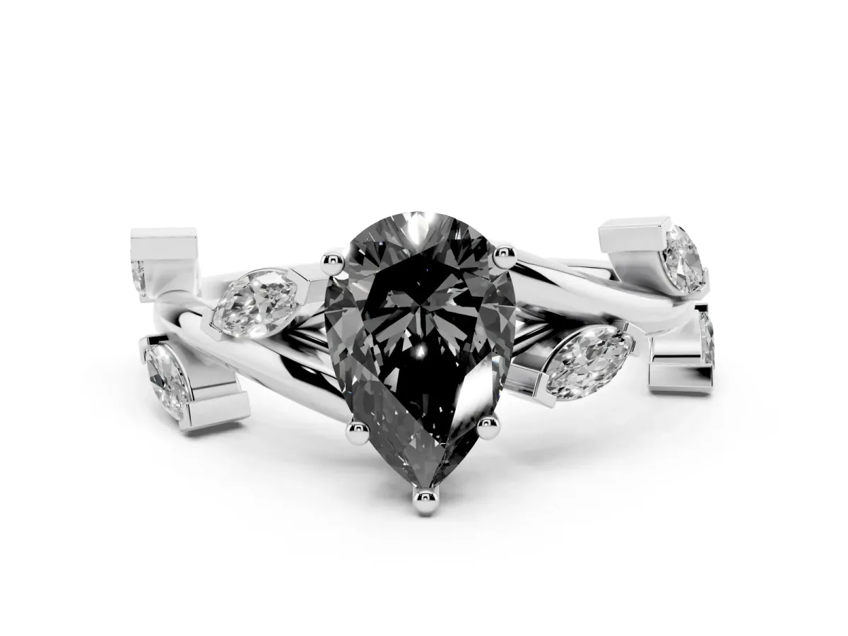 Fancy Black Pear Cut Diamond Solitaire Ring Set in Silver with Twisted Marquise Accent Band