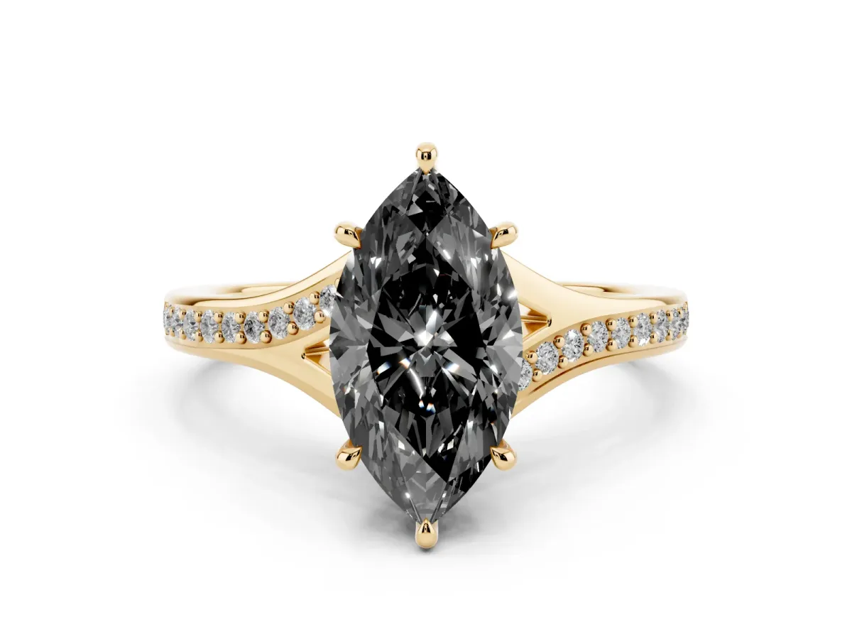 Fancy Black Marquise Cut Diamond Solitaire Ring Set in Yellow gold with Pavé Accent Band and Classic Prong Setting