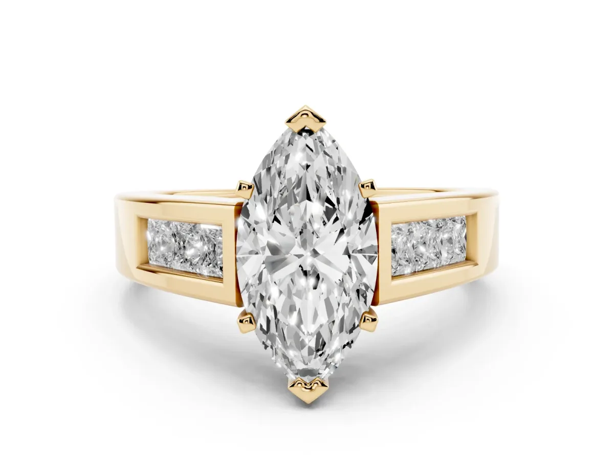 Marquise Cut Diamond Solitaire Ring Set in Yellow gold with Channel-Set Accent Stones and Prong Setting
