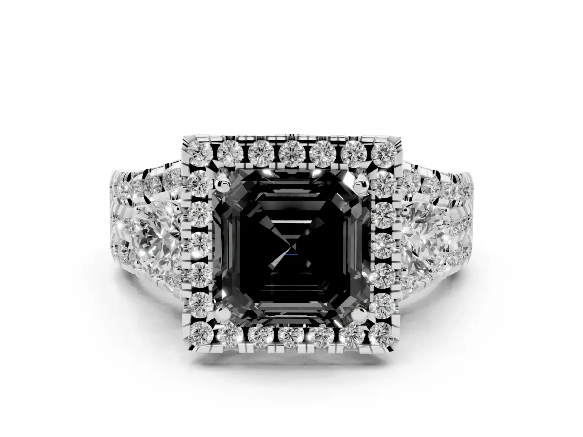 Fancy Black Asscher Cut Diamond Halo Split Shank Ring Set in Silver with Round Accent Stones and Prong Setting