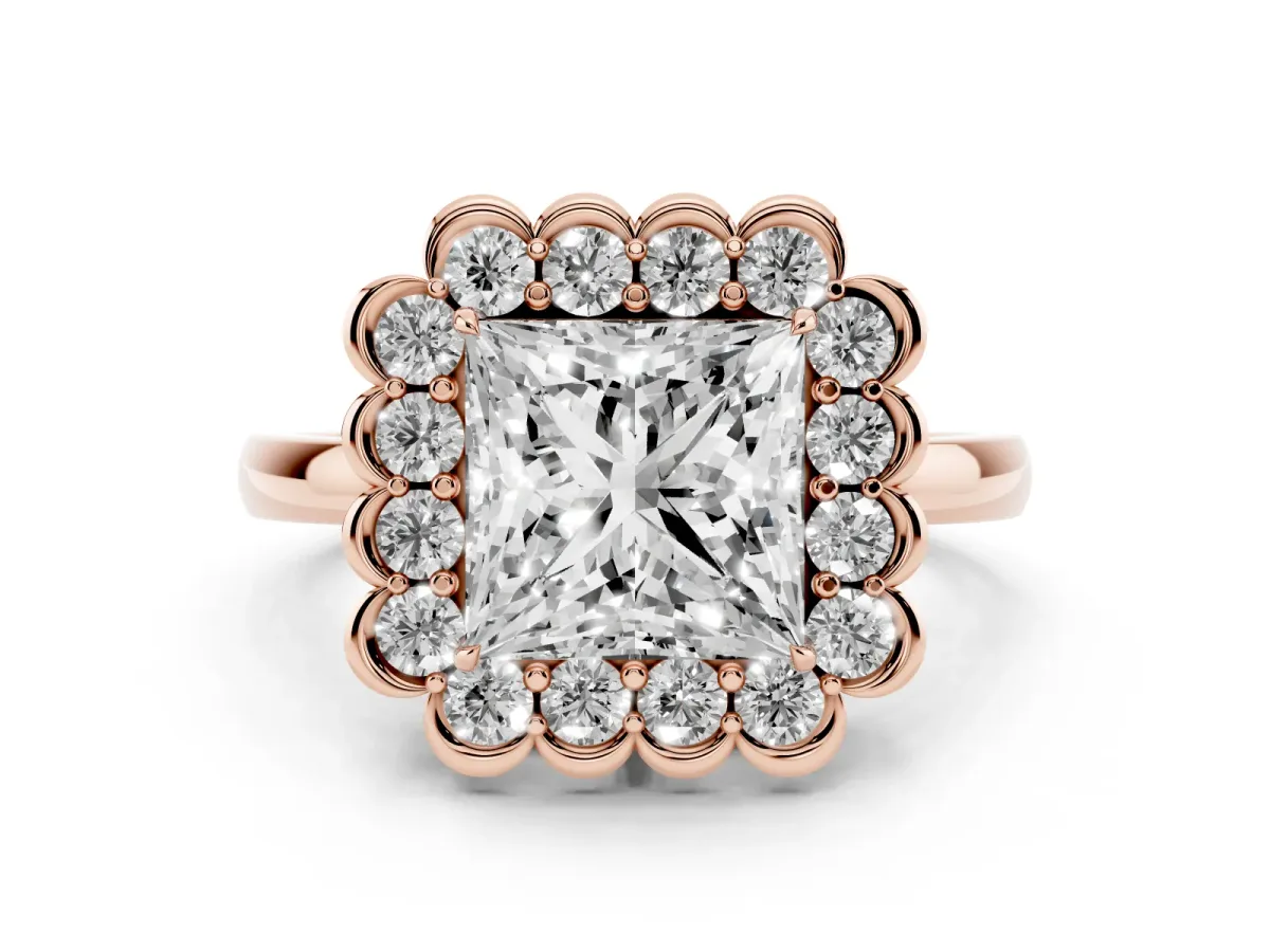 Princess Cut Diamond Halo Cluster Engagement Ring Set in Rose gold with Solitaire Band and Prong Setting