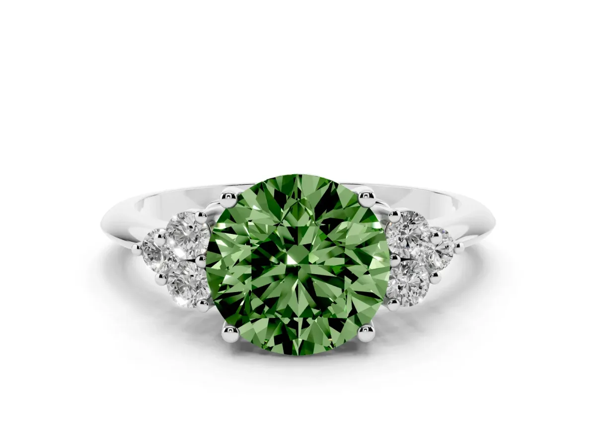 Fancy Green Round Cut Diamond Cluster Ring Set in White gold with Plain Band and Prong Setting