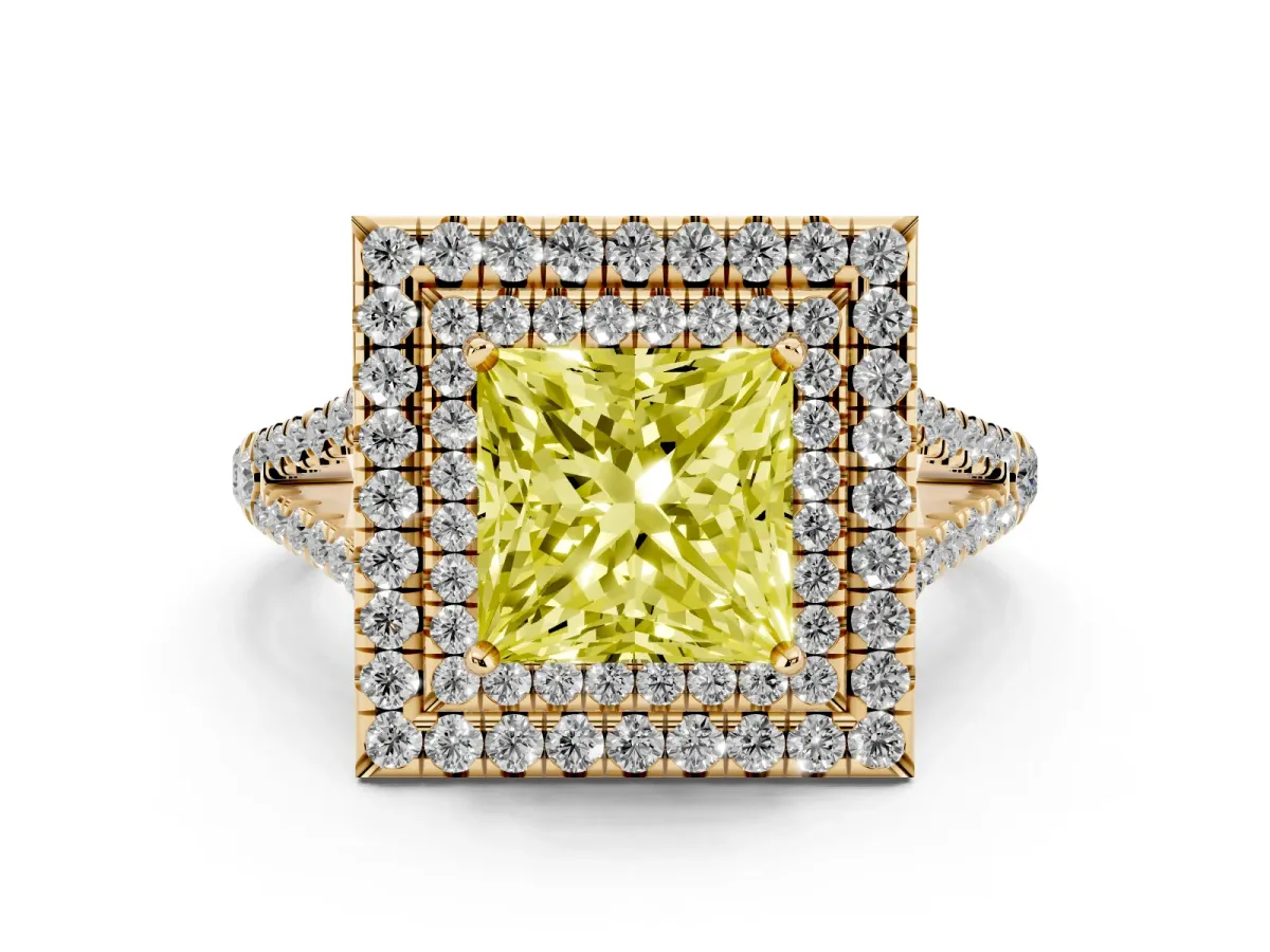 Fancy Yellow Princess Cut Diamond Double Halo Ring Set in Yellow gold with Pavé Band