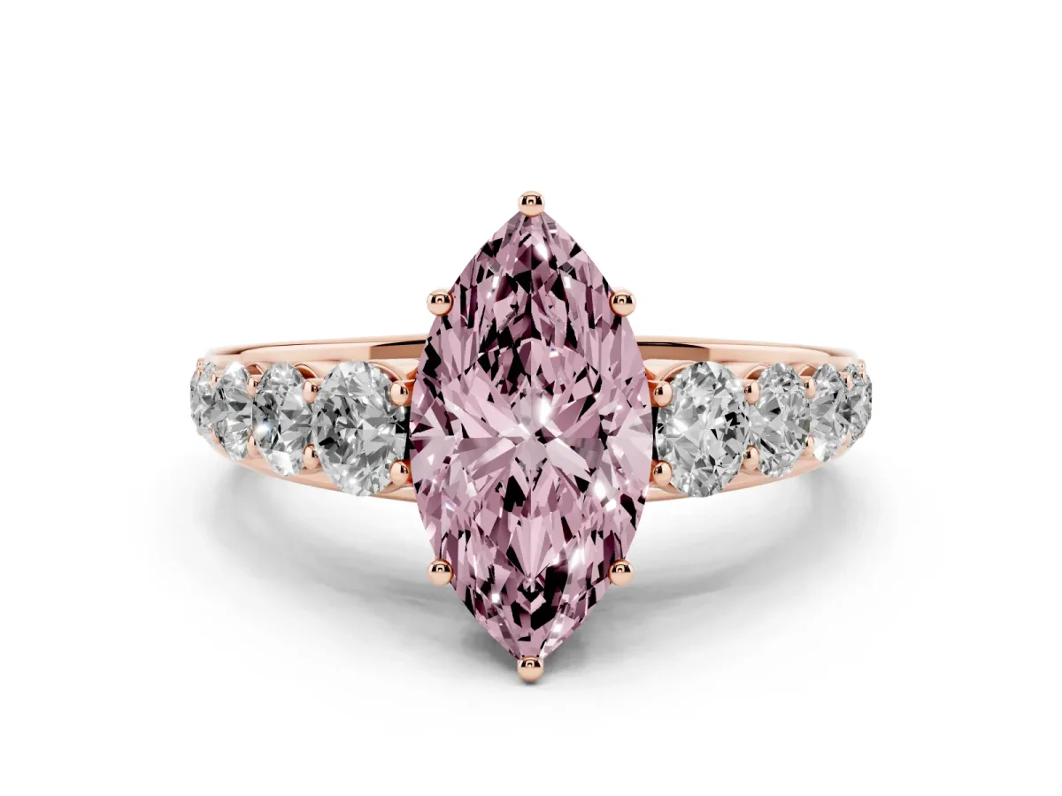 Fancy Pink Marquise Cut Diamond Solitaire Ring Set in Rose gold with Pavé-Set Band and Prong Setting