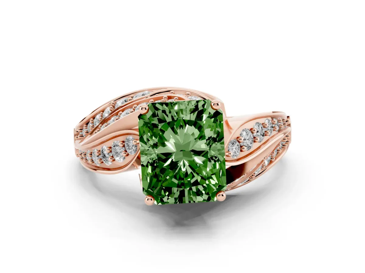 Fancy Green Radiant Cut Diamond Solitaire Ring Set in Rose gold with Layered Twist Pavé Band