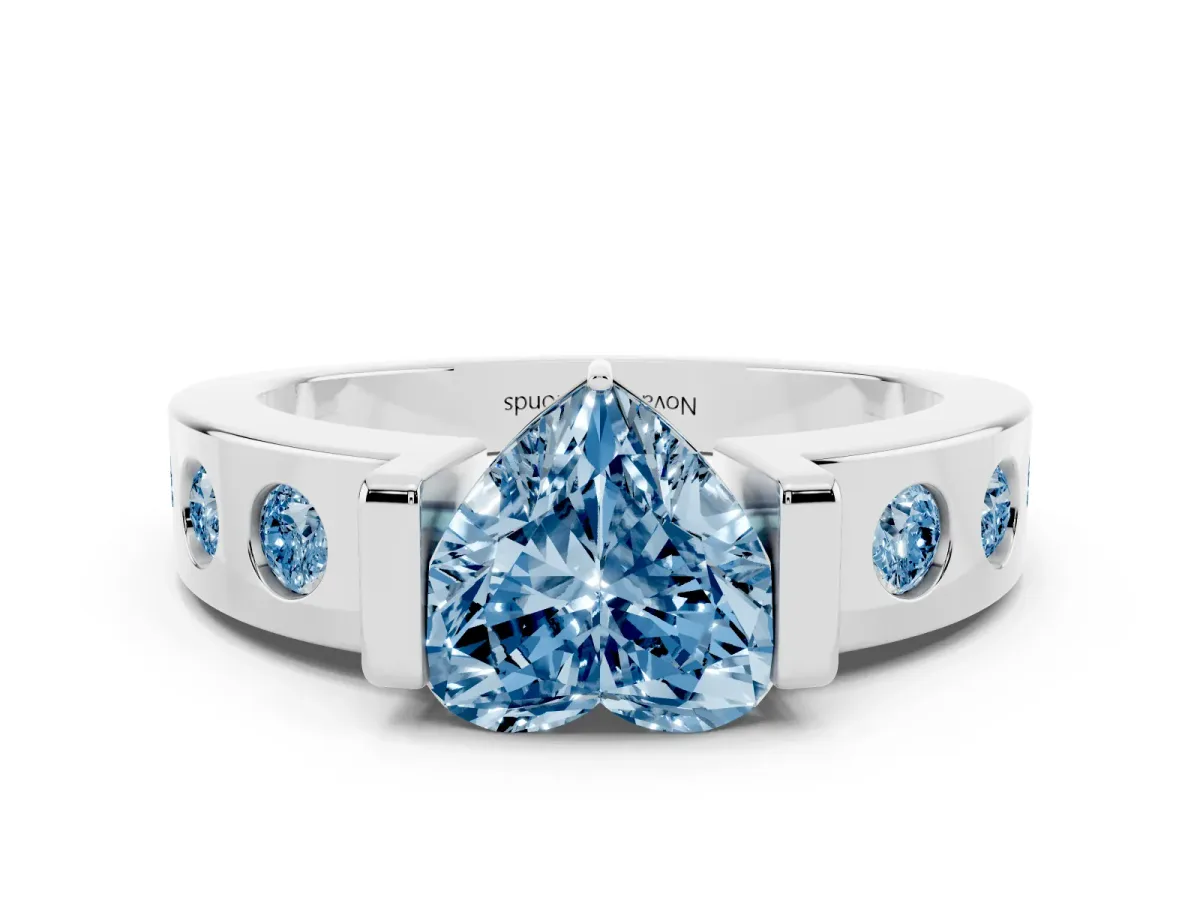 Fancy Blue Heart Cut Diamond Channel-Set Band Ring Set in White gold with Bezel Prong Setting