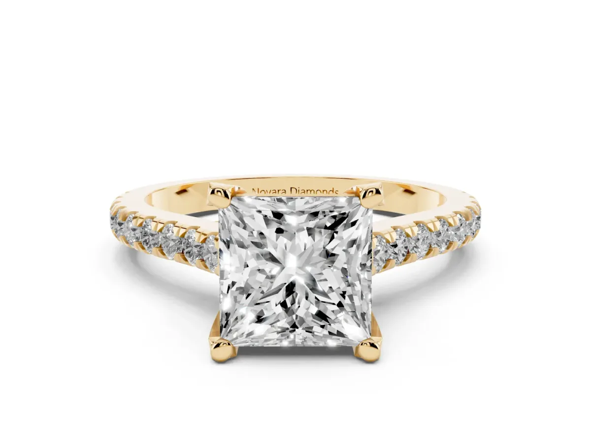 Princess Cut Diamond Solitaire Ring Set in Yellow gold with Brilliant Pavé Band and Prong Setting