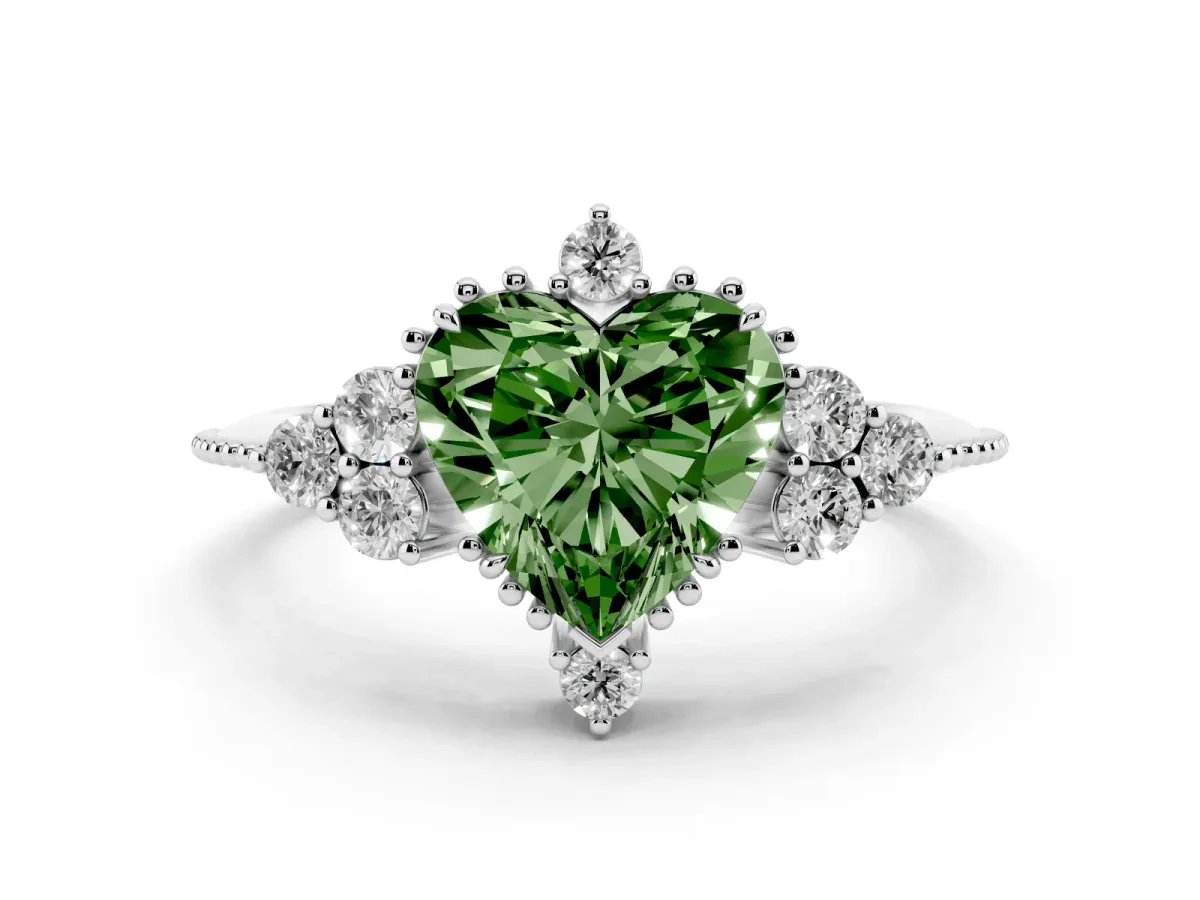 Fancy Green Heart Cut Diamond Cluster Ring Set in Silver with Beaded Band