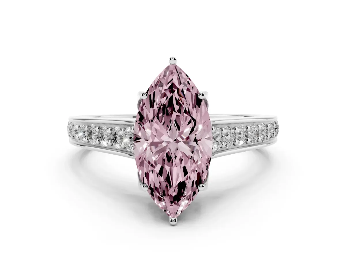 Fancy Pink Marquise Cut Diamond Solitaire Pavé Engagement Ring Set in White gold with Prong Setting