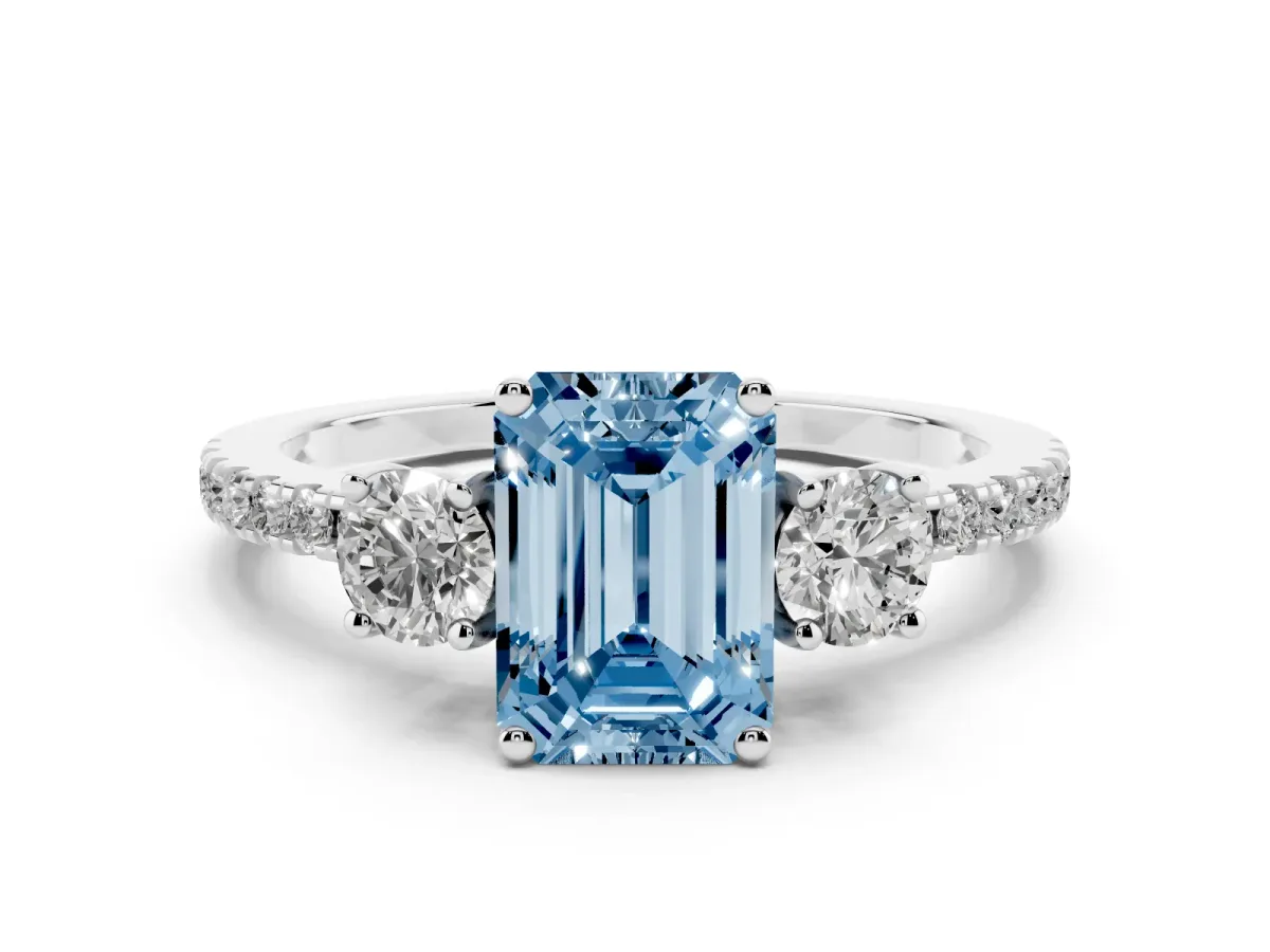 Fancy Blue Emerald Cut Diamond Three-Stone Ring Set in Silver with Pavé Band and Graduated Sides