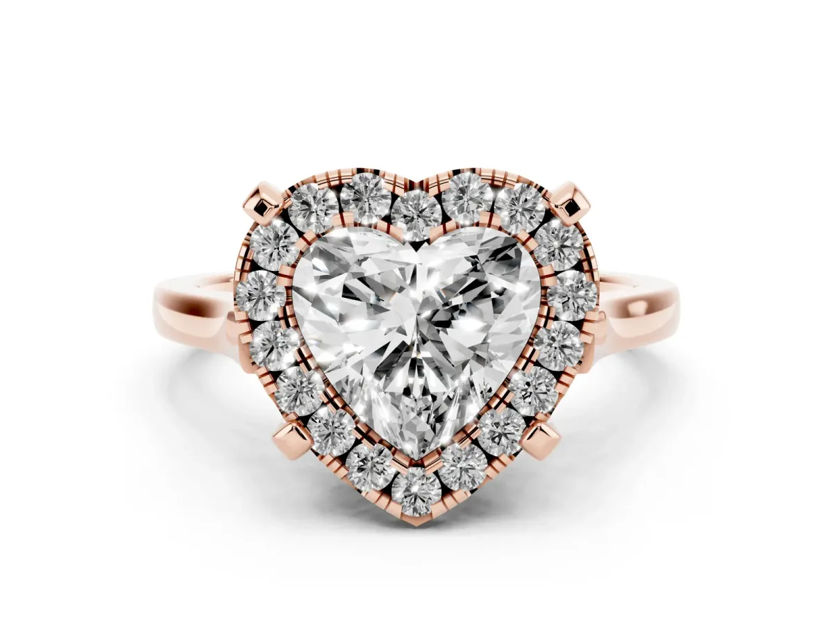 Heart Cut Diamond Cluster Halo Solitaire Ring Set in Rose gold with Prong Setting