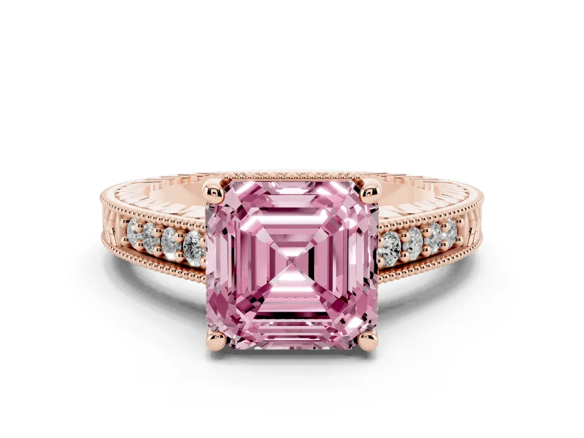 Fancy Pink Asscher Cut Diamond Solitaire Pavé Milgrain Engagement Ring Set in Rose gold with Prong Setting