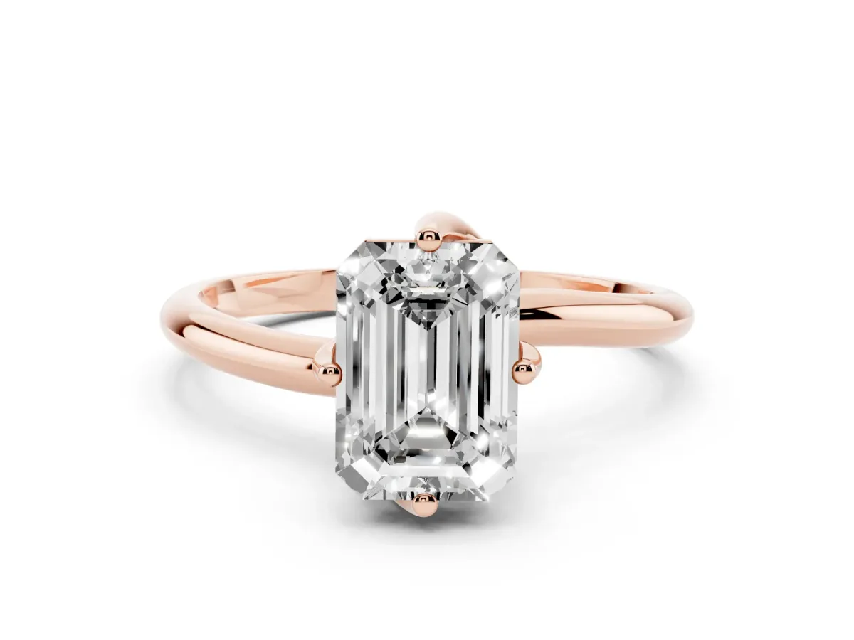 Emerald Cut Diamond Solitaire Engagement Ring Set in Rose gold with Classic Plain Band