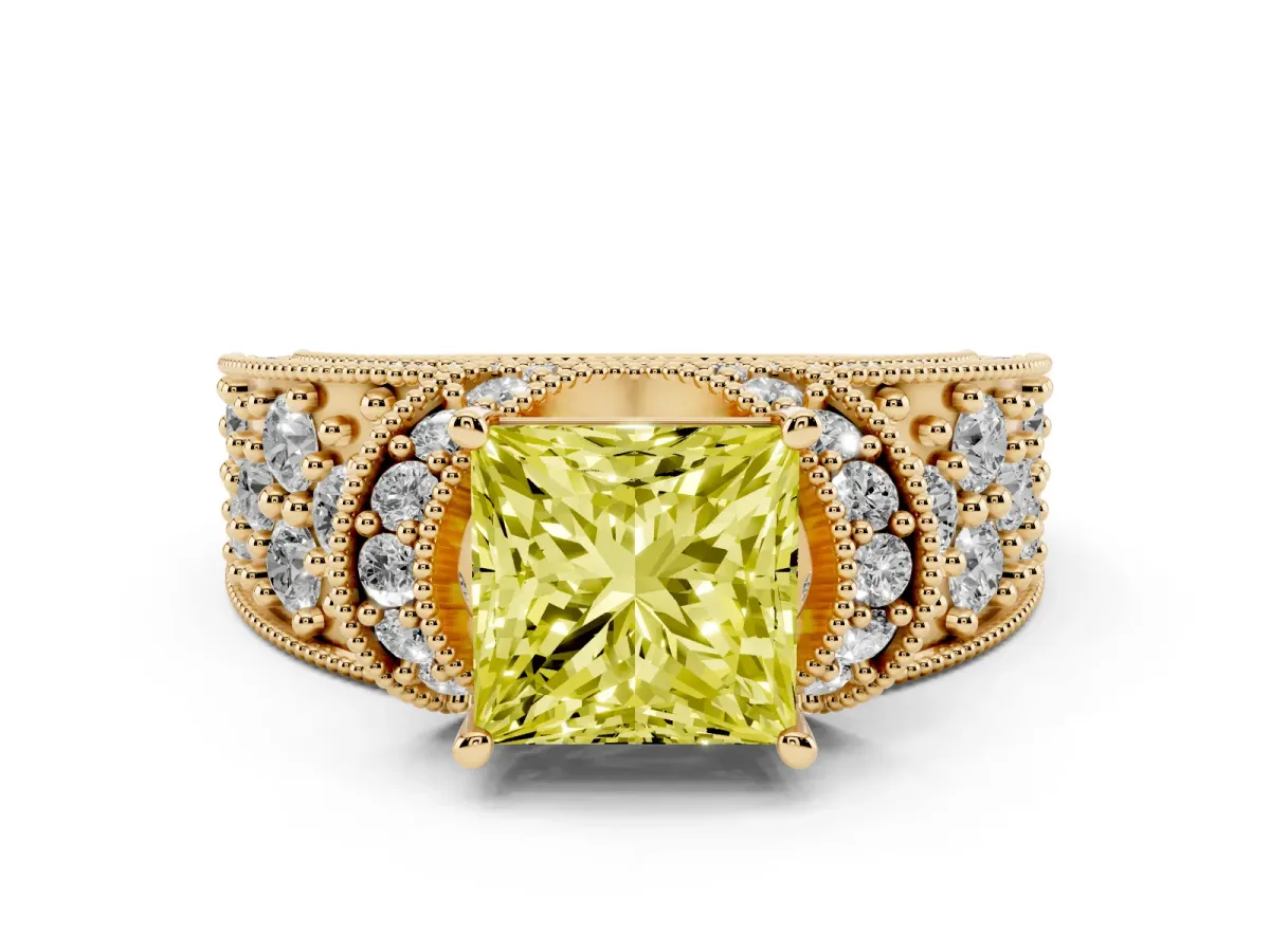 Fancy Yellow Princess Cut Diamond Milgrain Halo Pavé Engagement Ring Set in Yellow gold with Prong Setting