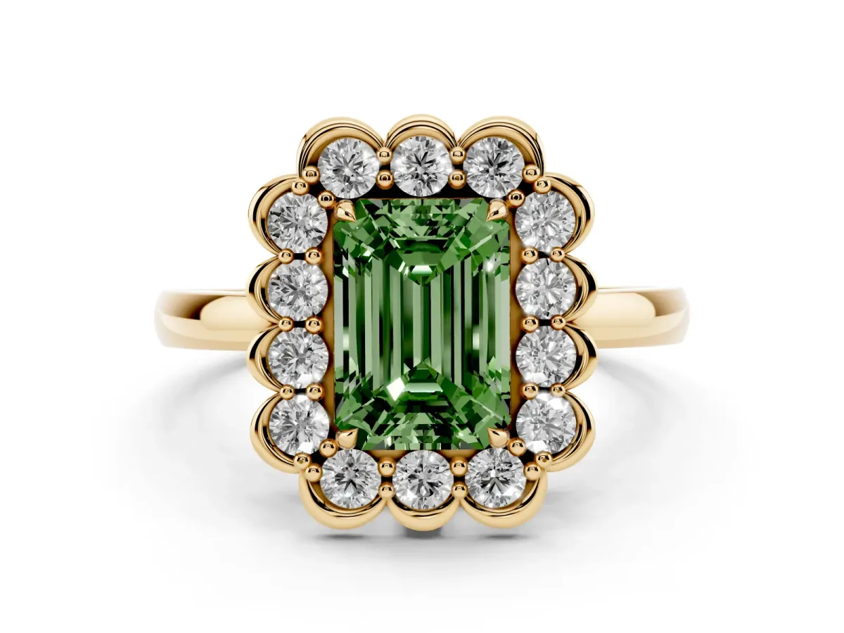 Fancy Green Emerald Cut Diamond Halo Cluster Engagement Ring Set in Yellow gold with Solitaire Band and Prong Setting