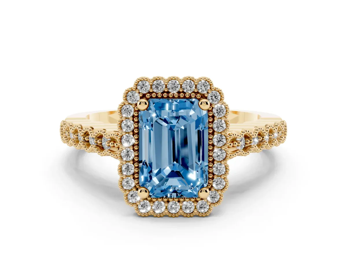 Fancy Blue Radiant Cut Diamond Halo Ring Set in Yellow gold with Pavé Milgrain Band